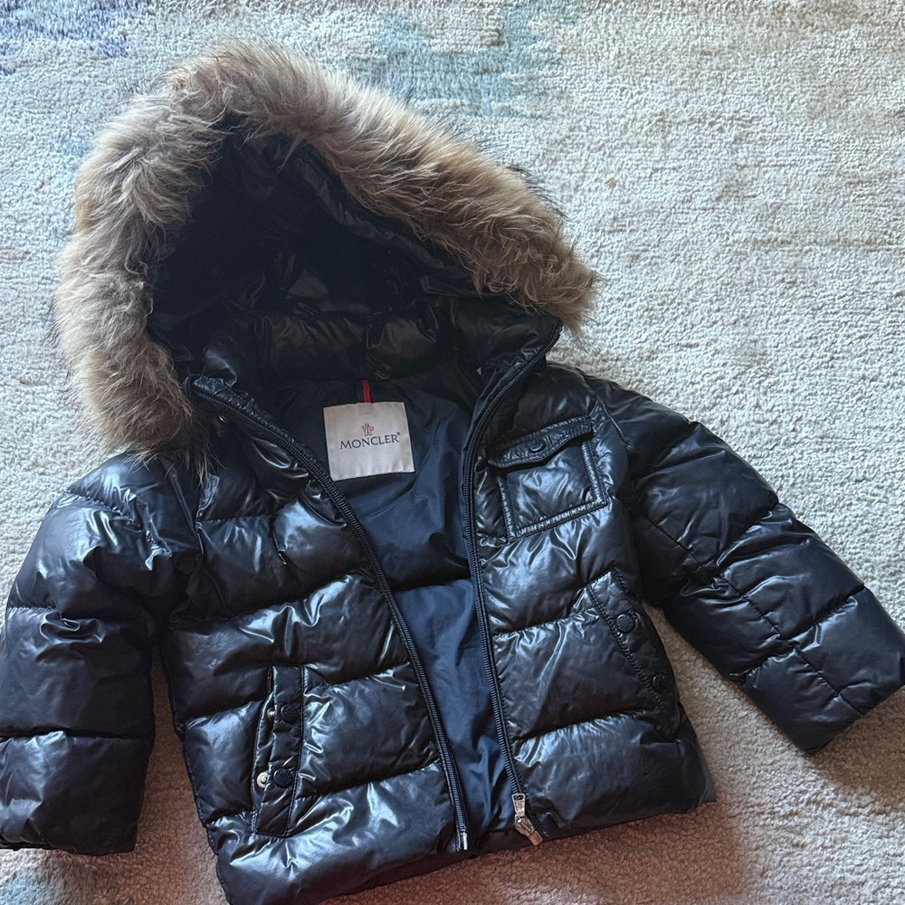 Moncler Shiny Black Jacket with Fur Trim
